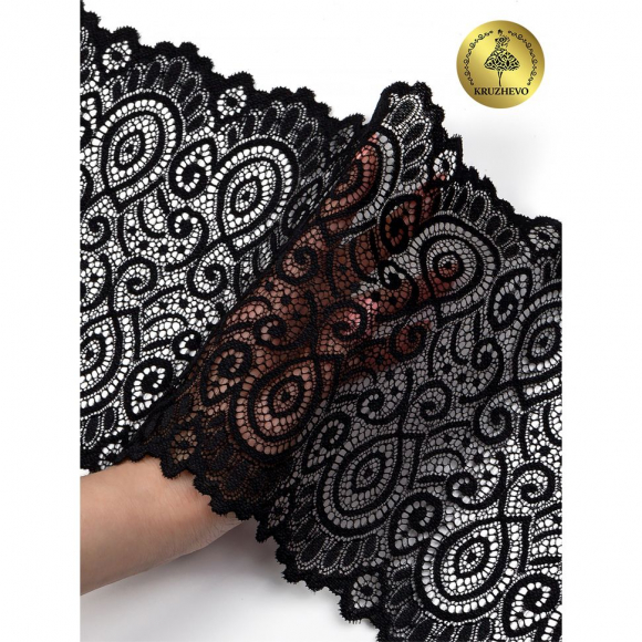 Кружево-стрейч KRUZHEVO арт.TBY.L1351 шир.180мм цв.003 черный уп.25м