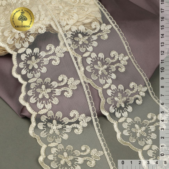 Кружево на сетке KRUZHEVO арт.TR.2108 шир.85мм цв.бежевый уп.13,5м