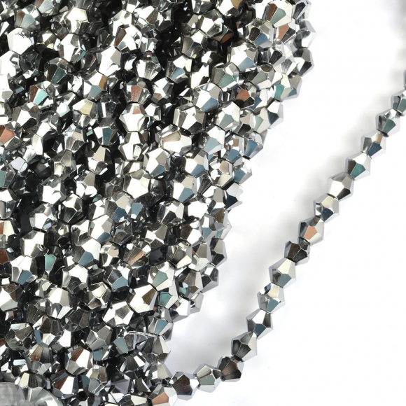 Бусины граненые Биконус (стекло) на нитях арт.TBY-K-2  6х6мм отвер.1,5мм цв.76 серебро уп.100х50 бусин