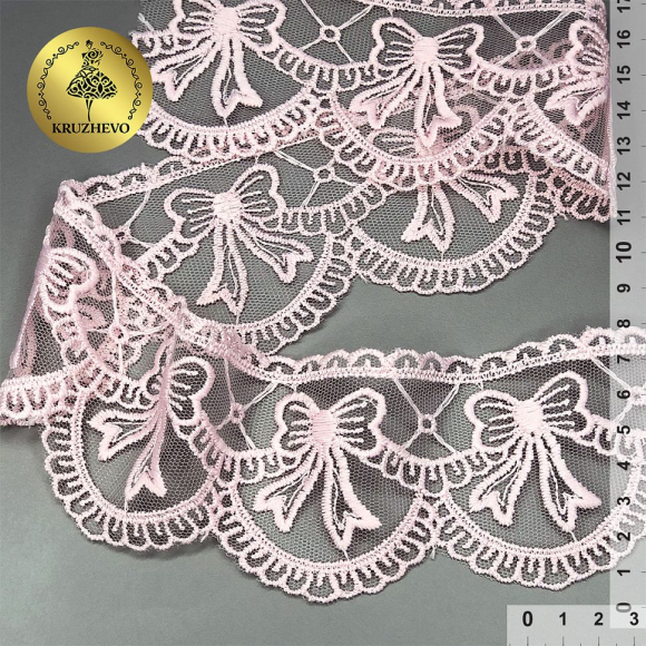 Кружево на сетке KRUZHEVO матовая нить с бантиками арт.TBY.635 шир.60мм цв.R1815 розовый уп.13,71м