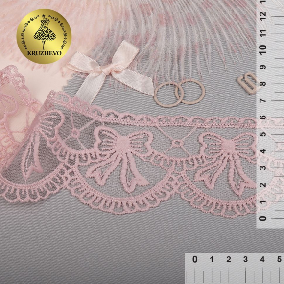 Кружево на сетке KRUZHEVO матовая нить с бантиками арт.TBY.635 шир.60мм цв.R1815 розовый уп.13,71м