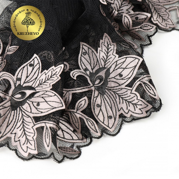 Кружево вышивка на сетке KRUZHEVO арт.TBY.OG43 шир.205мм цв.черный, левая уп.6м