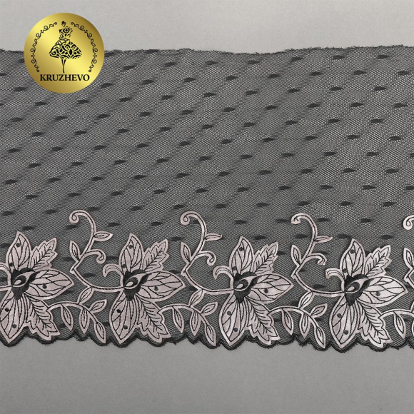 Кружево вышивка на сетке KRUZHEVO арт.TBY.OG43 шир.205мм цв.черный, левая уп.6м