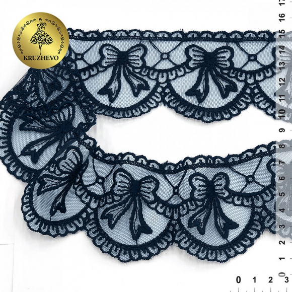 Кружево на сетке KRUZHEVO матовая нить с бантиками арт.TBY.635 шир.60мм цв.B4815 темно-синий уп.13,71м