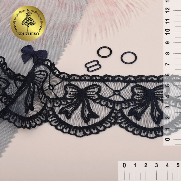 Кружево на сетке KRUZHEVO матовая нить с бантиками арт.TBY.635 шир.60мм цв.B4815 темно-синий уп.13,71м