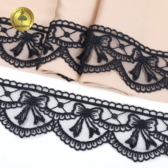 Кружево на сетке KRUZHEVO матовая нить с бантиками арт.TR.635 шир.60мм цв.темно-синий уп.10м