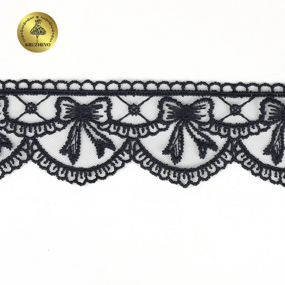 Кружево на сетке KRUZHEVO матовая нить с бантиками арт.TR.635 шир.60мм цв.темно-синий уп.10м