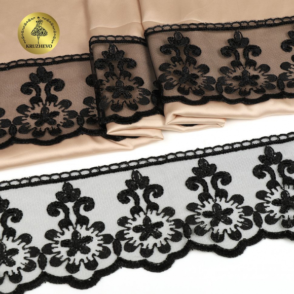 Кружево на сетке KRUZHEVO арт.TR.2108 шир.85мм цв.черный уп.13,5м