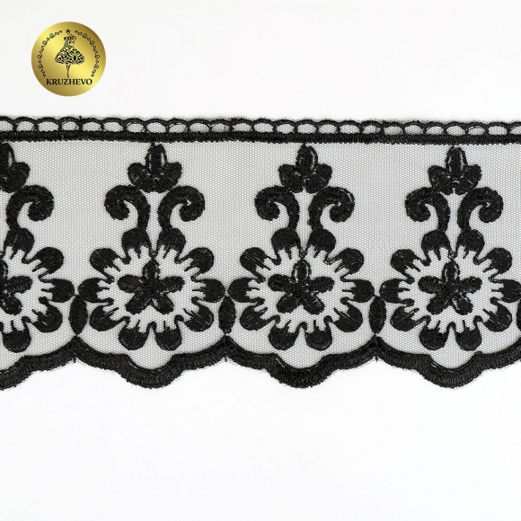 Кружево на сетке KRUZHEVO арт.TR.2108 шир.85мм цв.черный уп.13,5м