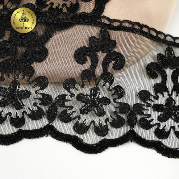 Кружево на сетке KRUZHEVO арт.TR.2108 шир.85мм цв.черный уп.13,5м