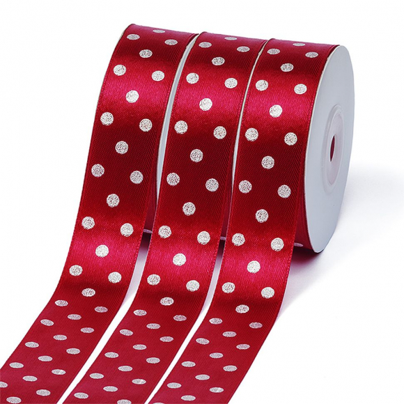 Лента атласная Ideal горошек серебро шир.25мм LDAS260 цв.260 красный уп.27,4м