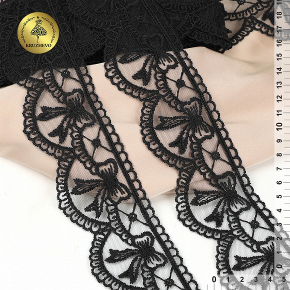 Кружево на сетке KRUZHEVO матовая нить с бантиками арт.TR.635 шир.60мм цв.черный уп.10м