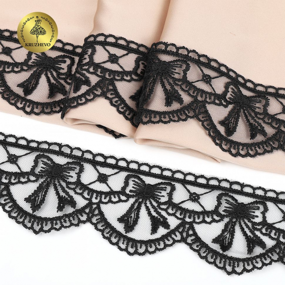 Кружево на сетке KRUZHEVO матовая нить с бантиками арт.TR.635 шир.60мм цв.черный уп.10м