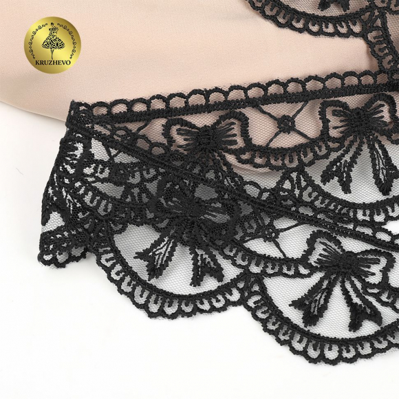 Кружево на сетке KRUZHEVO матовая нить с бантиками арт.TR.635 шир.60мм цв.черный уп.10м