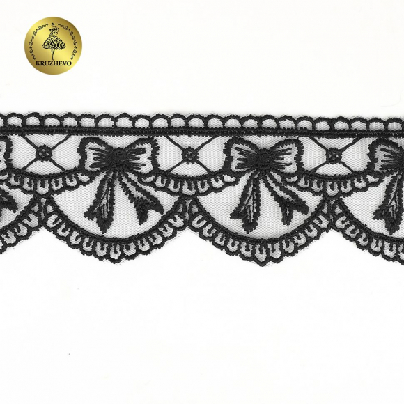 Кружево на сетке KRUZHEVO матовая нить с бантиками арт.TR.635 шир.60мм цв.черный уп.10м