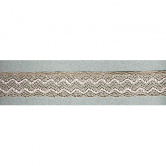 Мерсеризованное хлопковое кружево, 35 мм, цвет бежевый со светло- розовым