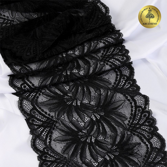 Кружево-стрейч KRUZHEVO арт.TBY.40039 шир.185мм цв.черный уп.25м