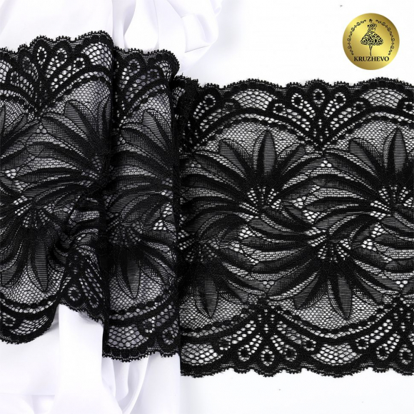 Кружево-стрейч KRUZHEVO арт.TBY.40039 шир.185мм цв.черный уп.25м