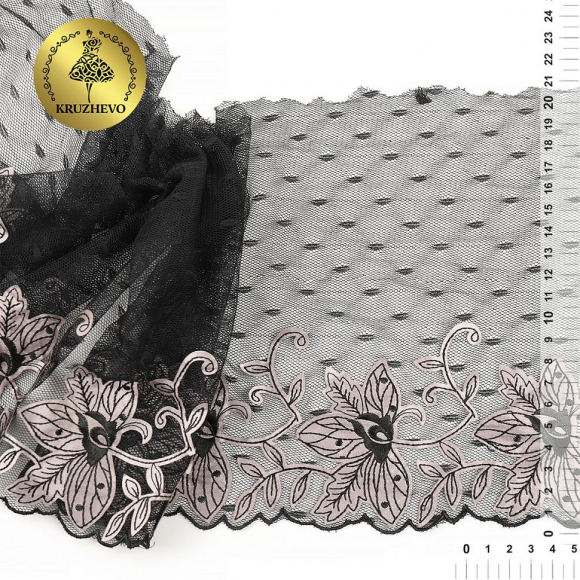 Кружево вышивка на сетке KRUZHEVO арт.TBY.OG43 шир.205мм цв.черный, правая уп.6м