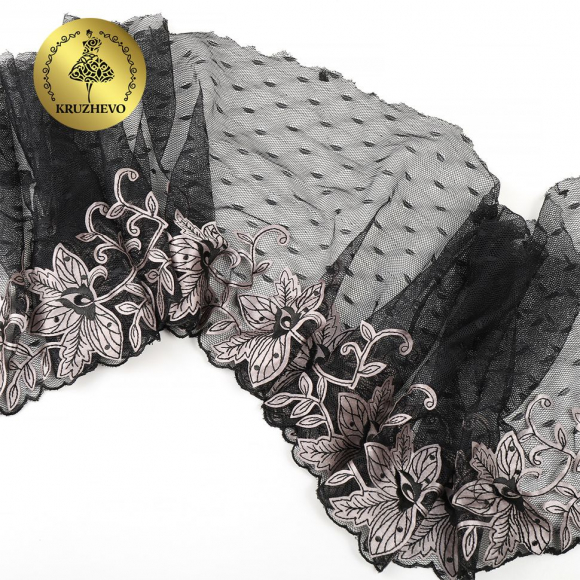 Кружево вышивка на сетке KRUZHEVO арт.TBY.OG43 шир.205мм цв.черный, правая уп.6м