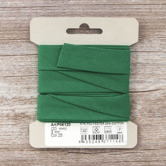 Косая бейка хлопок/полиэстер на блистере, 20 мм, 3 м, цвет 25, Зеленый