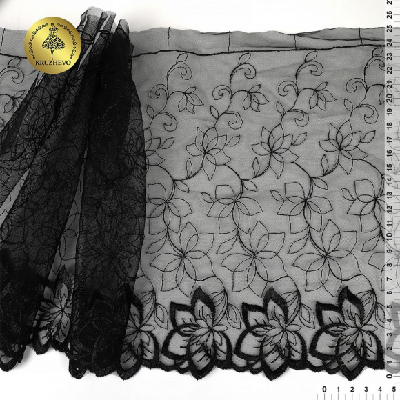 Кружево вышивка на сетке KRUZHEVO арт.TBY.OG90 шир.255мм цв.черный,левая уп.4,45м