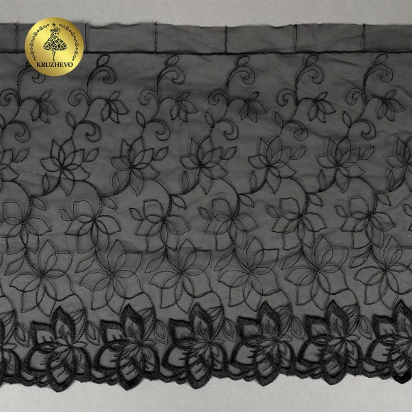 Кружево вышивка на сетке KRUZHEVO арт.TBY.OG90 шир.255мм цв.черный,левая уп.4,45м