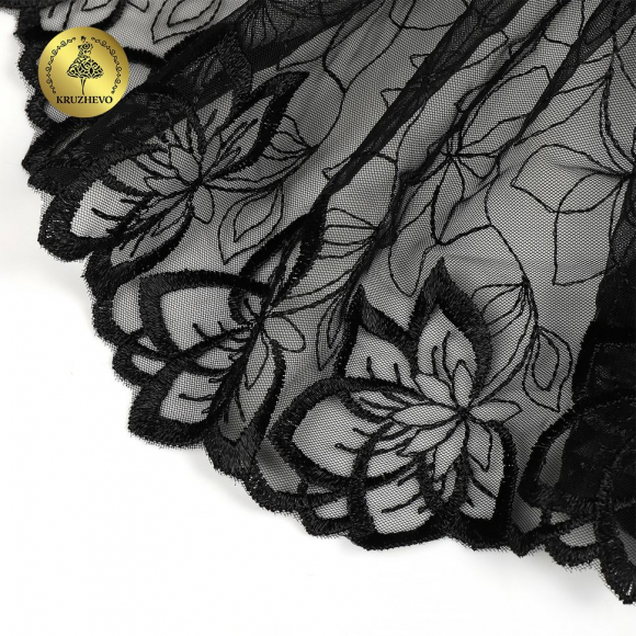 Кружево вышивка на сетке KRUZHEVO арт.TBY.OG90 шир.255мм цв.черный,левая уп.4,45м