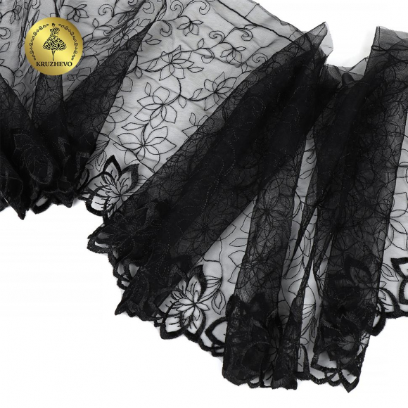 Кружево вышивка на сетке KRUZHEVO арт.TBY.OG90 шир.255мм цв.черный,левая уп.4,45м