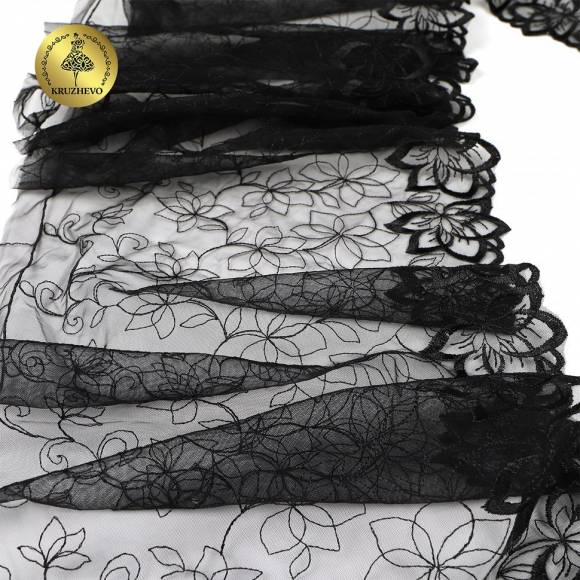 Кружево вышивка на сетке KRUZHEVO арт.TBY.OG90 шир.255мм цв.черный,левая уп.4,45м
