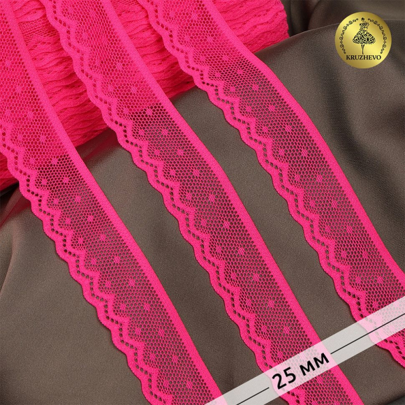Кружево-стрейч KRUZHEVO арт.TBY.8028 шир.25мм цв.A1402 розовый неон уп.50м