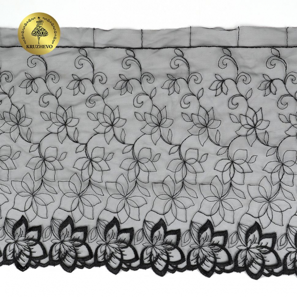 Кружево вышивка на сетке KRUZHEVO арт.TBY.OG90 шир.255мм цв.черный,правая  уп.4,5м