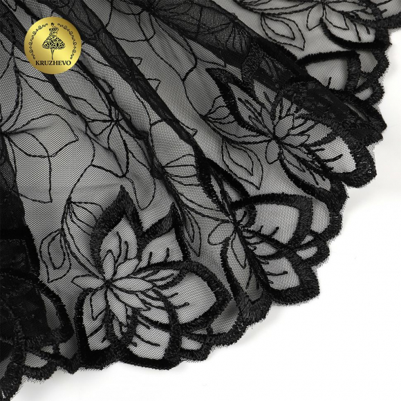 Кружево вышивка на сетке KRUZHEVO арт.TBY.OG90 шир.255мм цв.черный,правая  уп.4,5м