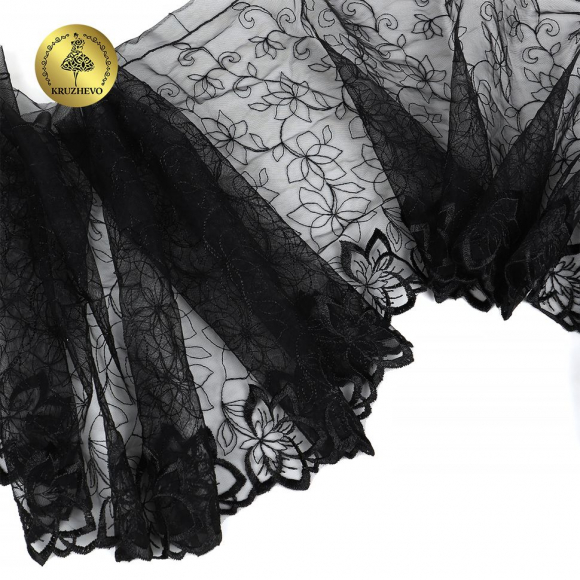 Кружево вышивка на сетке KRUZHEVO арт.TBY.OG90 шир.255мм цв.черный,правая  уп.4,5м