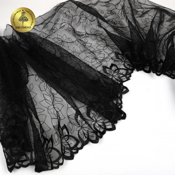 Кружево вышивка на сетке KRUZHEVO арт.TBY.OG90 шир.255мм цв.черный,правая  уп.4,5м