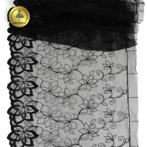 Кружево вышивка на сетке KRUZHEVO арт.TBY.OG90 шир.255мм цв.черный,правая  уп.4,5м