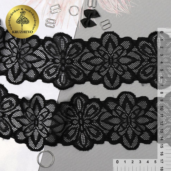 Кружево-стрейч KRUZHEVO арт.TBY.8027 шир.75мм цв.02 черный уп.25м