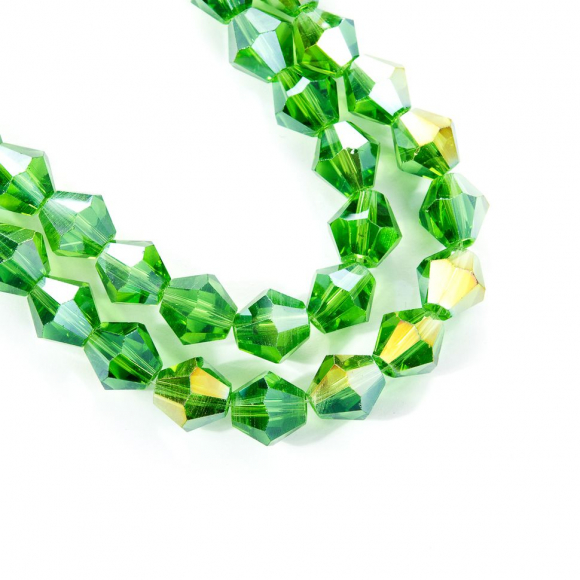 Бусины граненые Биконус (стекло) на нитях арт.TBY-K-2  8х8мм отвер.1,8мм цв.13 AB зеленый уп.50х40 бусин