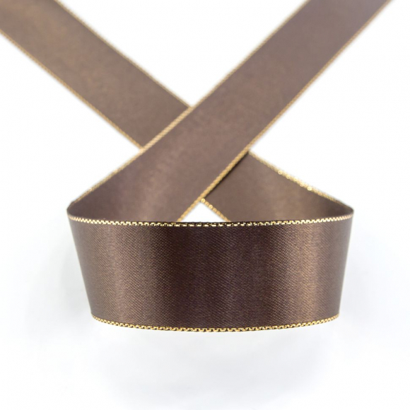Лента атласная SAFISA с люрексным кантом по краям, 25 мм, 25 м, цвет 17, темно-коричневый
