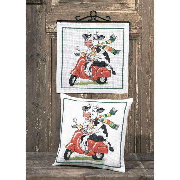 Набор для вышивания PERMIN арт.83-6845 Подушка Корова на байке 30х30 см