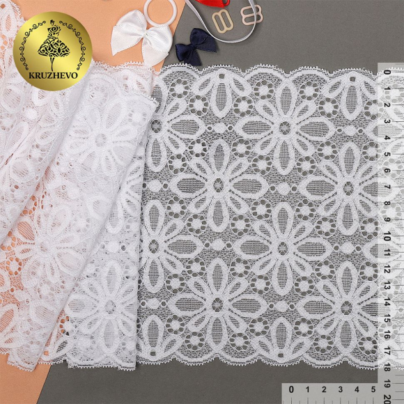 Кружево-стрейч KRUZHEVO арт.TBY 8026 шир.180мм цв.01 белый уп.10м