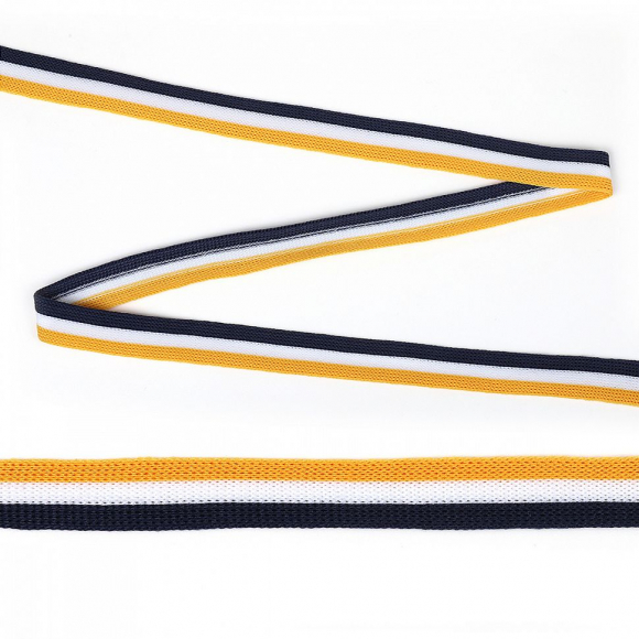 Тесьма TBY трикотажная Лампас KTS4415 шир.15мм цв.бел/желт/син уп.32м Тесьма TBY трикотажная Лампас KTS4415 шир.15мм цв.бел/желт/син уп.32м