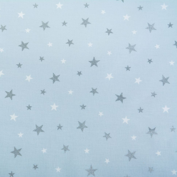 Ткань ранфорс с глитером Звездочки, арт.WH 20557-v06, 130г/м?,100% хлопок, шир.240см, цв.голубой/серебро, уп.10м Ткань ранфорс с глитером Звездочки, арт.WH 20557-v06, 130г/м?,100% хлопок, шир.240см, цв.голубой/серебро, уп.10м