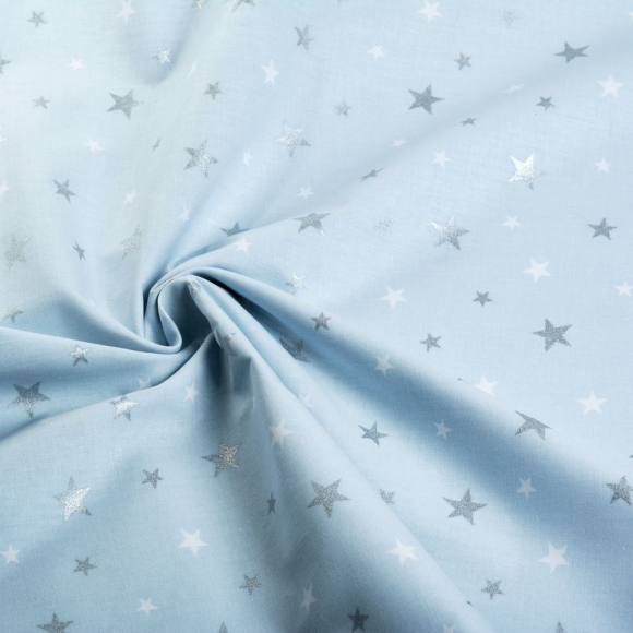 Ткань ранфорс с глитером Звездочки, арт.WH 20557-v06, 130г/м?,100% хлопок, шир.240см, цв.голубой/серебро, уп.10м Ткань ранфорс с глитером Звездочки, арт.WH 20557-v06, 130г/м?,100% хлопок, шир.240см, цв.голубой/серебро, уп.10м