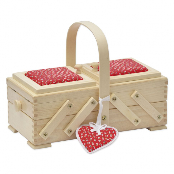 175409_Шкатулка для рукоделия, бук, 2 этажа, цвет светлый, с игольницей, дизайн "Тысяча красных цветков"