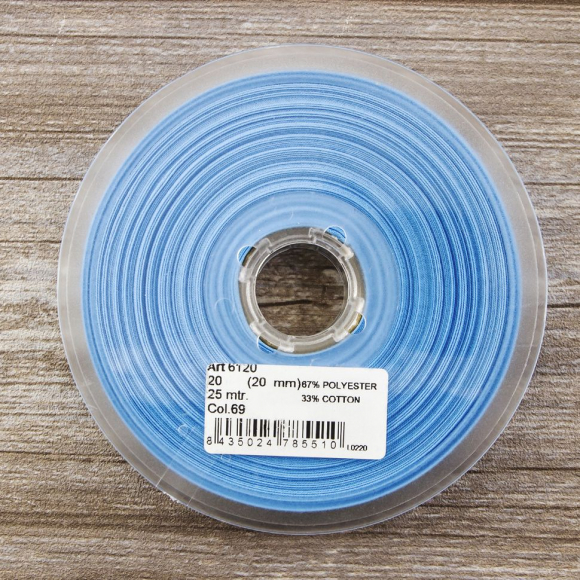 19648_Косая бейка хлопок/полиэстер 20 мм, 25 м, цвет 69, Синий светлый