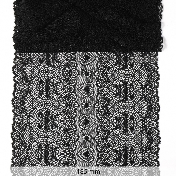 Кружево-стрейч KRUZHEVO арт.TBY.6185 шир.185мм цв.02 черный уп.18м Кружево-стрейч KRUZHEVO арт.TBY.6185 шир.185мм цв.02 черный уп.18м
