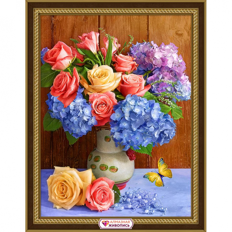 Набор для изготовления картин АЛМАЗНАЯ ЖИВОПИСЬ арт.АЖ.1876 Букет из роз и пышных гортензий 30х40 см