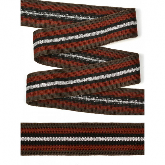 Трикотажный лампас 25мм 29 коричневый-красный-черный-серебро 10м