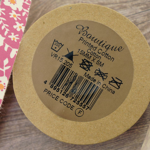 85503_Лента хлопковая на картонной катушке "Цветы: розовый с оранжевым"